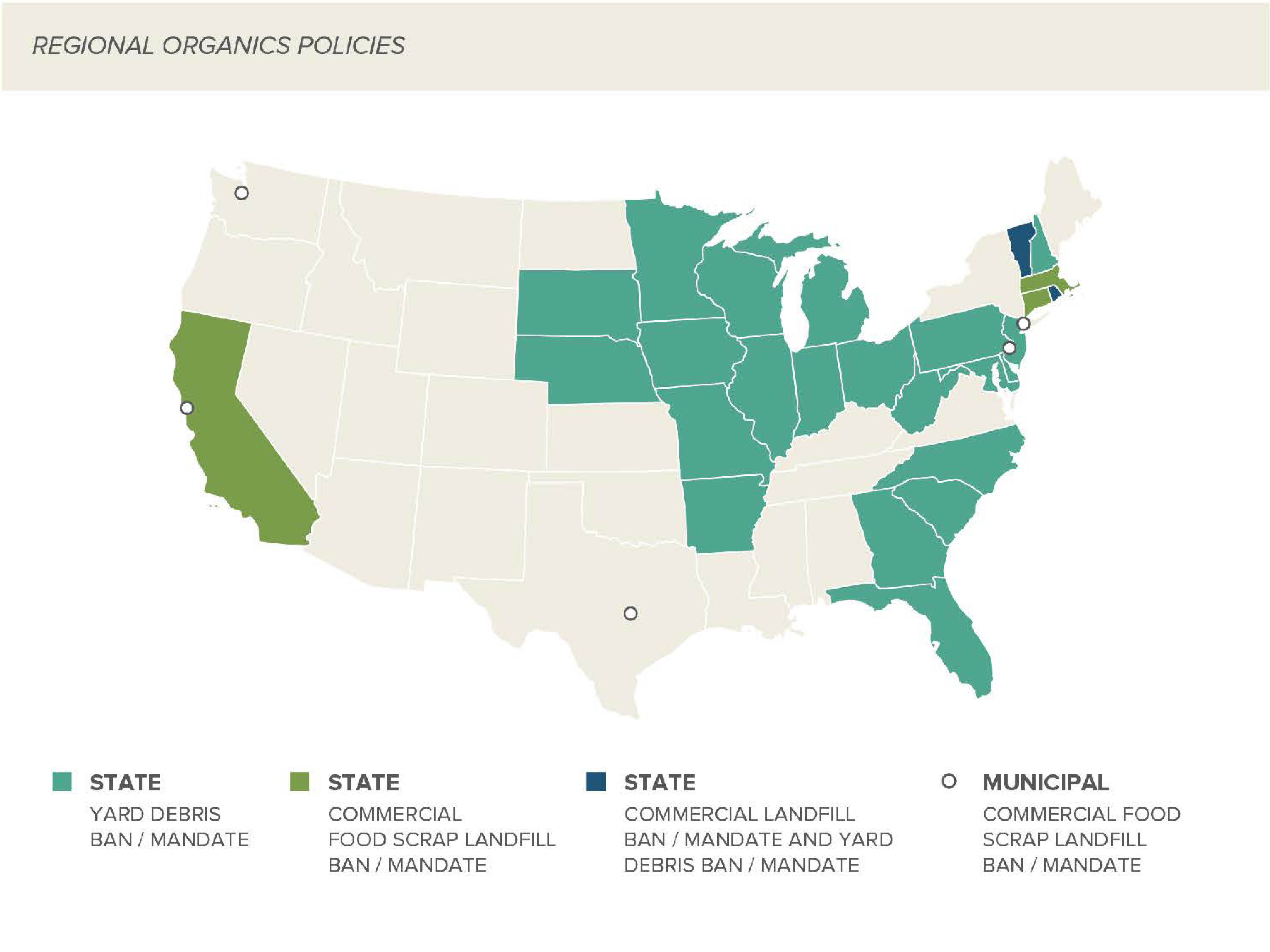 ReFED Roadmap Regional Organics Policies Map - Yard Debris, Food Scrap